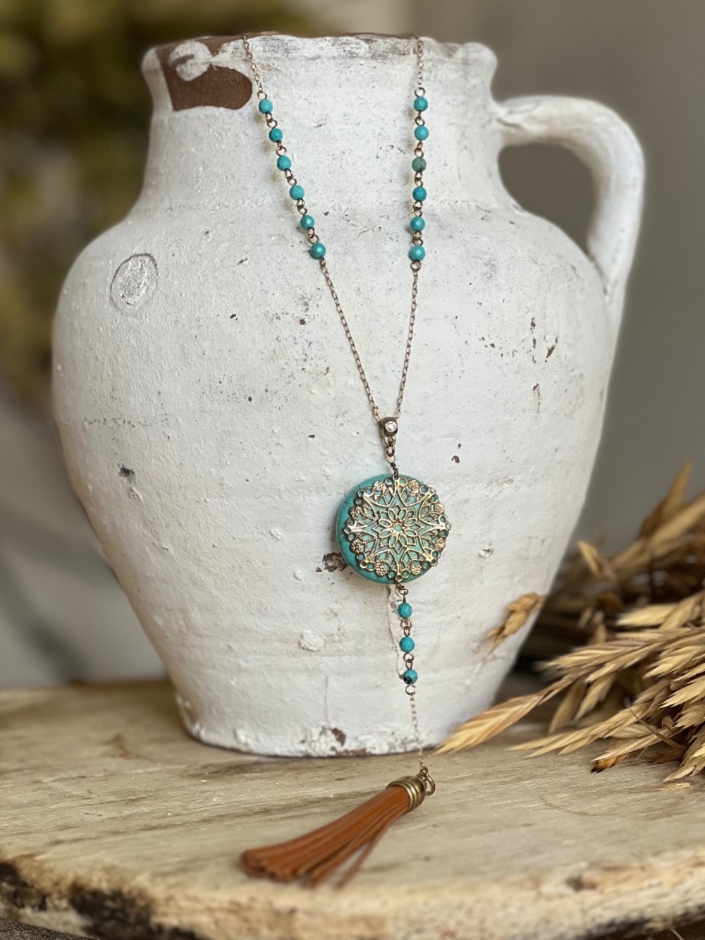 Turquoise And Gold Pendant Necklace with Leather Tassel
